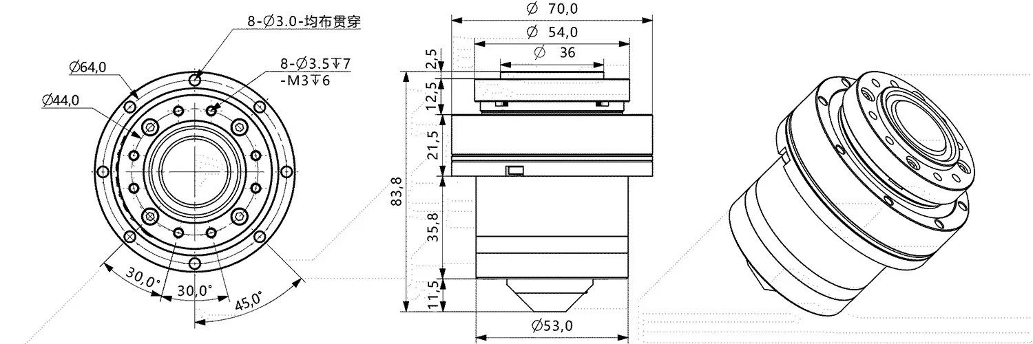 ZHR-H14 Harmonic Gearbox Actuator Dimensional Drawing