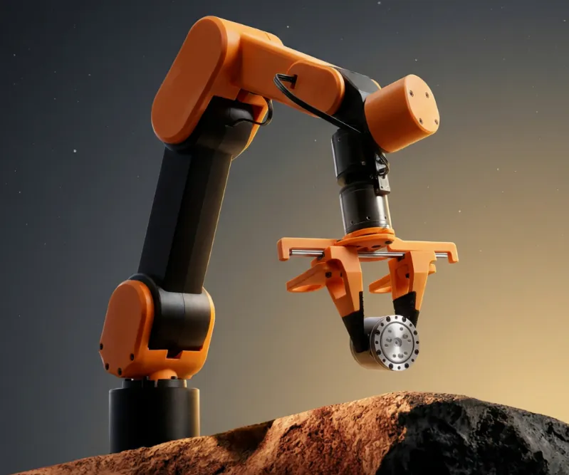 7-DOF desktop robot arm with orange and black ZHR-P series joint motors performing manipulation task