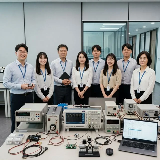 Asian robotics research and development team posing with micro integrated joint motor modules in high-tech lab